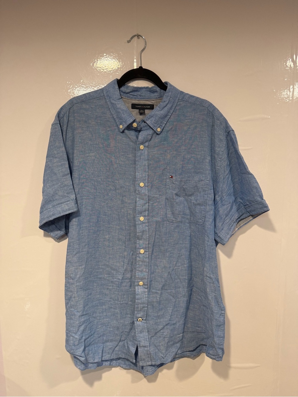 Tommy Hilfiger Blue Linen Cotton blend Short-Sleeve Button-Down‎ Shirt